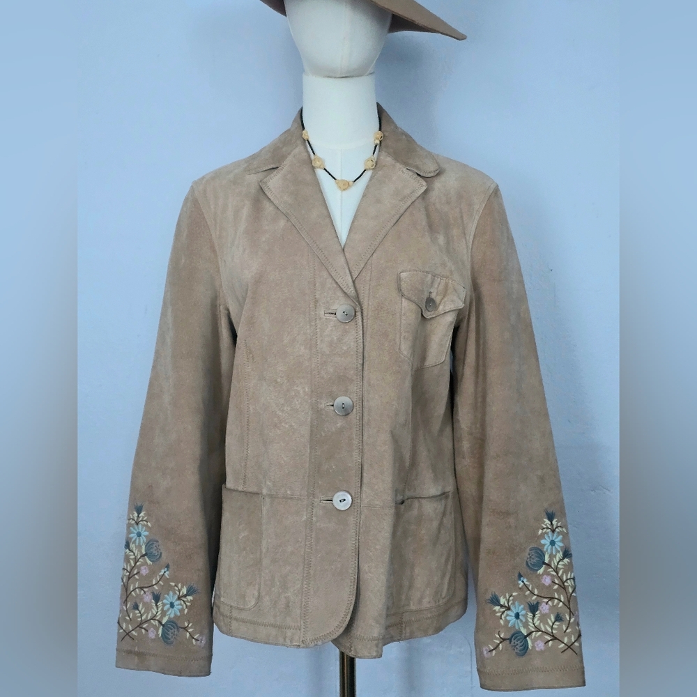 Tan Suede Floral Embroiderd Cuff Blazer Jacket Size M